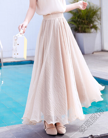 金丝雪纺半身裙女夏季2018中长款高腰沙滩大摆超仙网纱纱裙子 杏色 s