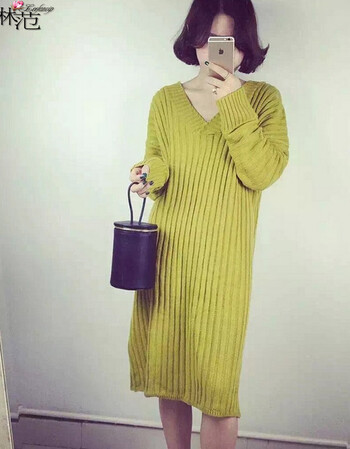琳范2015秋季宽松v领毛衣裙韩范大码长袖连衣裙(配腰带)3077 黄色