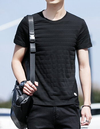 夏季新款男士短袖t恤韩版修身纯棉圆领潮流打底衫时尚条纹体恤衫 黑色
