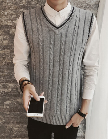 纯棉 秋冬季男士毛衣加绒针织衫背心马甲v领线衣纯色坎肩上衣服潮 绞