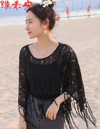 缘未央2018沙滩外搭短款蝙蝠袖蕾丝镂空外套女流苏披肩上衣 黑色 均码