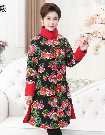中老年真丝棉袄女冬妈妈装2017年新款中长款高领中国风牡丹花唐装