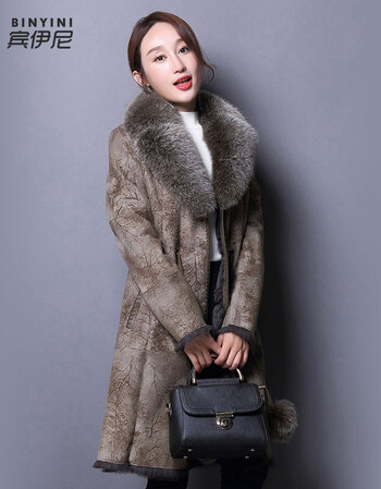 宾伊尼(binyini)品牌皮毛一体外套女中长款2017新款海宁皮衣皮草大衣