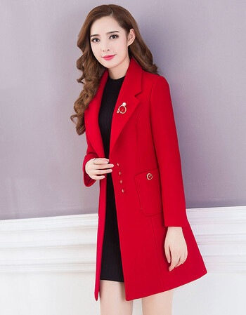中长款韩范2017秋冬季新款修身加厚中款毛呢子外套妈妈 红色56x(长款)