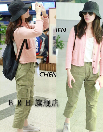 倪妮同款款韩版开衫粉色修身针织衫毛衣外套军绿休闲裤女潮 军绿色