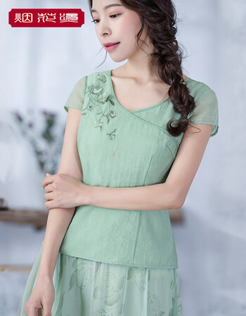 烟花烫2018夏新款套头绣花淑女中式复古修身显瘦短袖上衣t恤女 香茵