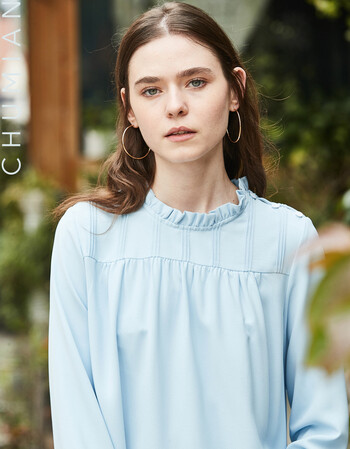 初棉纯色木耳边领口连衣裙女中裙长袖h型中长款女裙浅雾蓝l