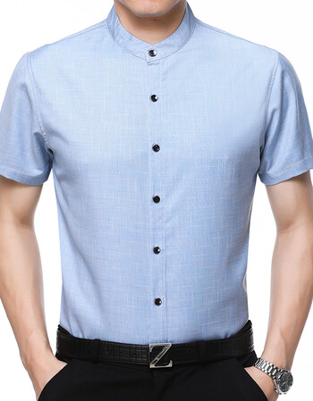 柒牌 坊2018年夏季圆领衬衣中青年休闲修身商务上衣 格子男士寸衣