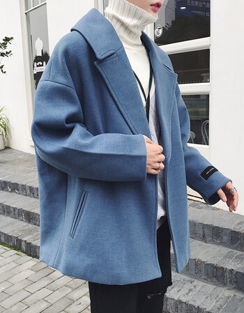 新款韩版男生短款风衣潮流加厚毛呢大衣学生ulzzang呢子外套 浅蓝色 m