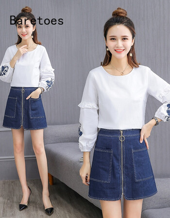baretoes夏装2018新款韩版白色上衣配裙子两件套时尚套装裙学生甜美