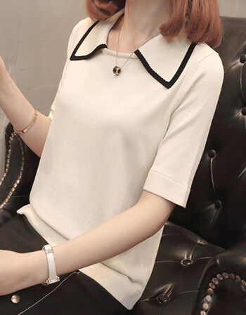 袖t恤女2018新款夏装半袖娃娃领薄款冰丝针织衫上衣衣服打底衫 米白色