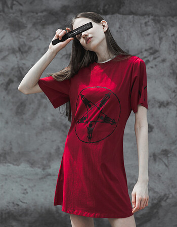 punkrave朋克个性印花连衣裙女夏2018新款暗黑系修身短袖t恤裙潮 红色