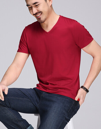 双丝光棉短袖t恤男夏季新款v领冰丝半袖衣服青年宽松体恤打底衫 红色
