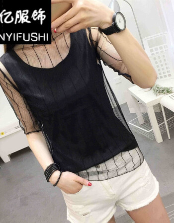 透视打底衫女长袖新款2017透明网格网纱内搭网状黑色蕾丝纱衣上衣