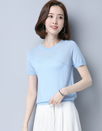 夏尔维纳冰丝短袖t恤衫女短款2018夏装新款半袖桑蚕丝针织体恤圆领薄