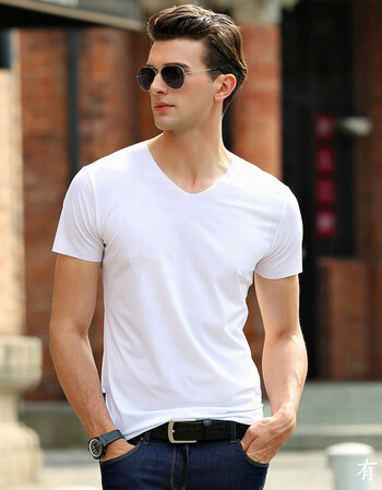 莫代尔无痕短袖t恤男冰丝v领无边修身薄款半袖鸡心领透气体恤 白色