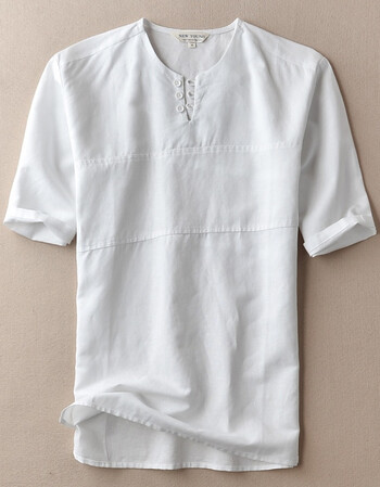 夏季新款中国风盘扣亚麻t恤男青年休闲薄款白色透气圆领衫小清新 274