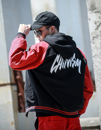 pingyu新款 2018秋季红黑拼接宽松棒球服男士螺纹袖口外套运动夹克