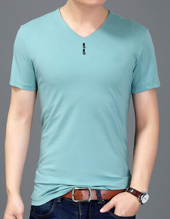 2018男式t恤纯色休闲男装男士短袖纯棉青领t恤衫 1730浅兰 170/48