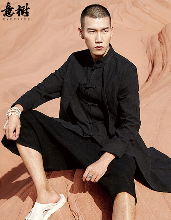 意树民族风男士长衫中式长袍亚麻休闲外套青年唐装复古中国风男装玄色