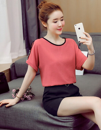 女短袖女2018新款版女装衣服遮肚子宽松显瘦小衫雪纺上衣 超仙 西瓜红