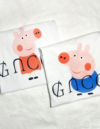 新款抖音恶搞社会人小猪佩奇印花棉情侣闺蜜班服短袖t恤 字母猪1粉 m