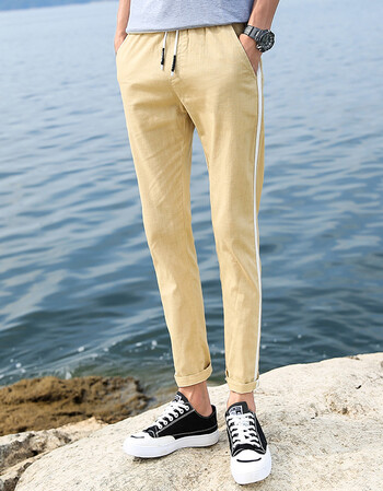 裤2018年夏季新款抽绳修身休闲裤百搭学生简约男士裤子 f907 卡其色
