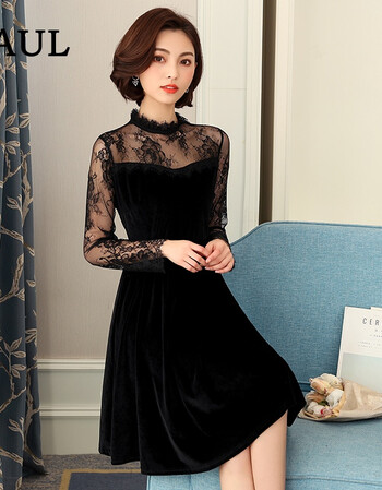 春季新品大码女装胖mm修腰显瘦裙子金丝绒拼接蕾丝长袖连衣裙 黑色 l