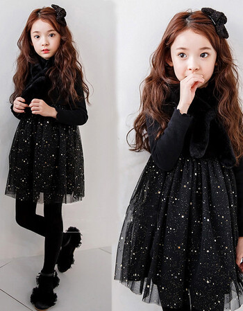 春装儿童女童洋气黑色连衣裙2018春季新款韩版加绒中大童公主裙子 黑