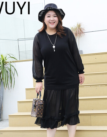 wuyi250斤超大码胖mm春季纱网度假连衣裙女 胖妞加肥加大长袖仙女裙子