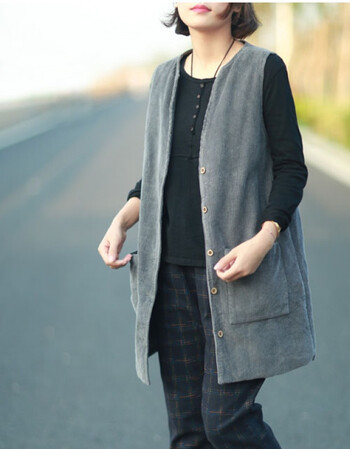2018春款文艺复古灯芯绒中长款纯色无袖大码马夹马甲开衫女外套 气质