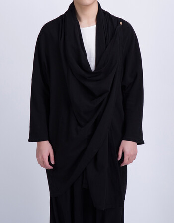 粗棉麻布料长衫唐装中式汉服长袍宽松大褂盘扣古装男马褂演出服 黑色