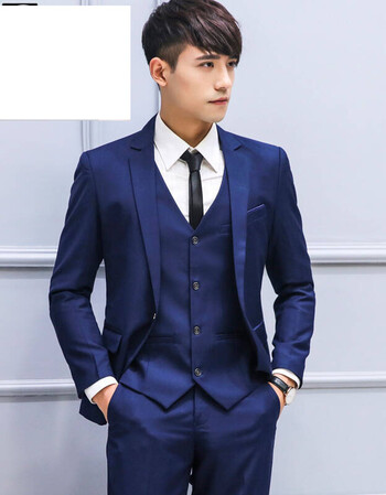 韩版修身男西装休闲西服全套装打团 黑色 (外套 裤子 衬衫 领带) 蓝色