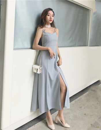 雅薇莎夏季新款女装气质v领性感露背抹胸高腰学生吊带开叉连衣裙长裙