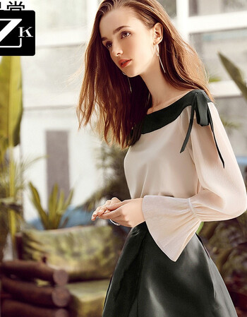 zk蝴蝶结一字领喇叭袖雪纺衫露肩洋气时尚小衫上衣女2018春装新款