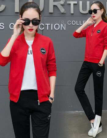 码女装春装运动服胖mm2018春秋装新款三件套胖妹妹藏肉休闲套装 红色