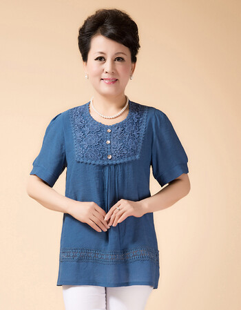中老年女装t恤加肥加大码短袖亚麻夏装上衣中年妈妈宽松棉麻衬衫 牛仔