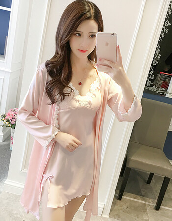 女人睡衣女夏季冰丝绸带胸垫粉色性感吊带睡裙聚拢小胸两件套装春 921