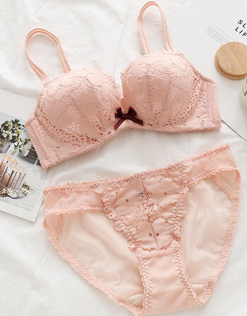 钢圈文胸聚拢小胸加厚性感蕾丝平胸胸罩上托夏季少女内衣套装女 粉色