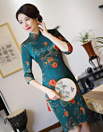 旗袍秋款新款时尚改良版民国短款七分袖中年妈妈装连衣裙秋季 孔雀绿