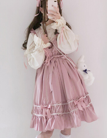 日常学生洛丽塔裙女软妹ita优雅洋装礼服长袖连衣裙女 粉色(送发带)