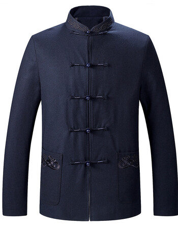 秋冬装新款中老年唐装男士羊毛呢外套中国风民族服饰爸爸装 深蓝色