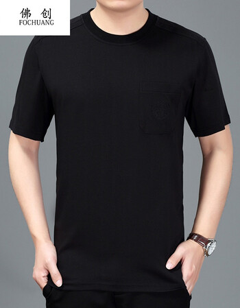 夏季男短袖圆领中年男装全棉大码t恤口袋体恤父纯色半截袖汗衫 黑色 m
