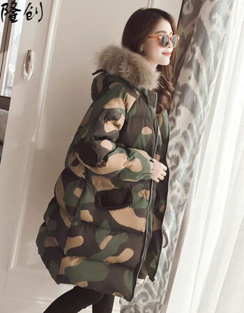 隆创冬装新款女装2017韩版毛领连帽棉袄中长款宽松迷彩棉衣棉服外套女