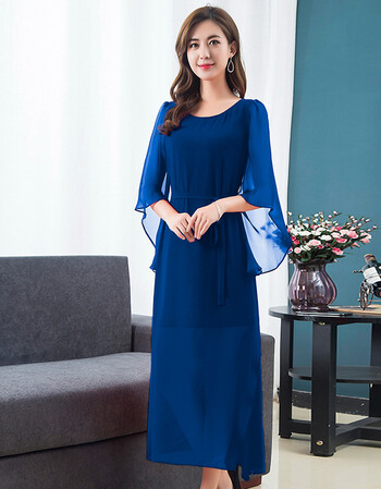 2018夏新款裙子女装大码韩版气质修身中长款雪纺连衣裙潮 蓝色 m