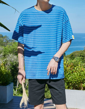 t恤男生五分袖韩版潮流修身个性青年半袖体恤纯棉青少年条纹上衣 蓝色
