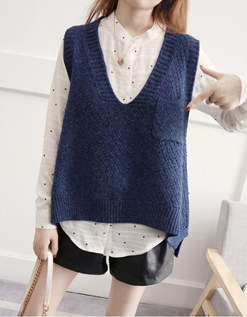春秋新款韩版套头v领坎肩毛线背心宽松毛衣马甲女短款无袖针织衫 藏
