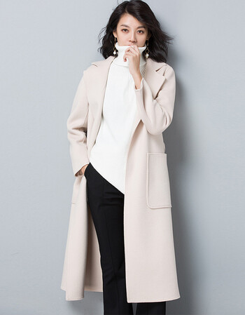 新款修身显瘦长款系带手工双面羊毛大衣羊毛呢外套大衣气质开衫 米白