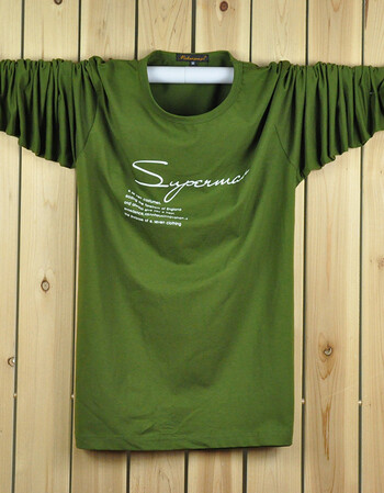 款纯棉长袖t恤加肥加大码青少年运动宽松特体长袖打底衫男 签字军绿色