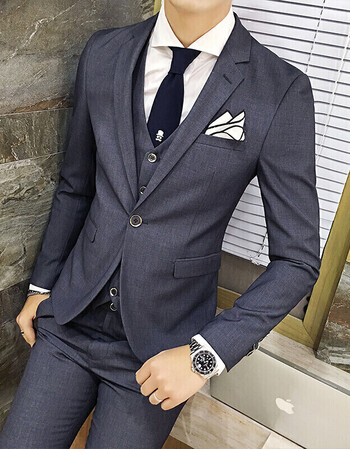 花花公子社会精神小伙秋季时尚男士韩版修身西装套装男三件套纯色一粒